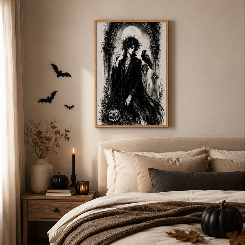 «Gothic Man with Raven and Pumpkin Under Moon», art mural sur toile, H 24 po x l 18 po