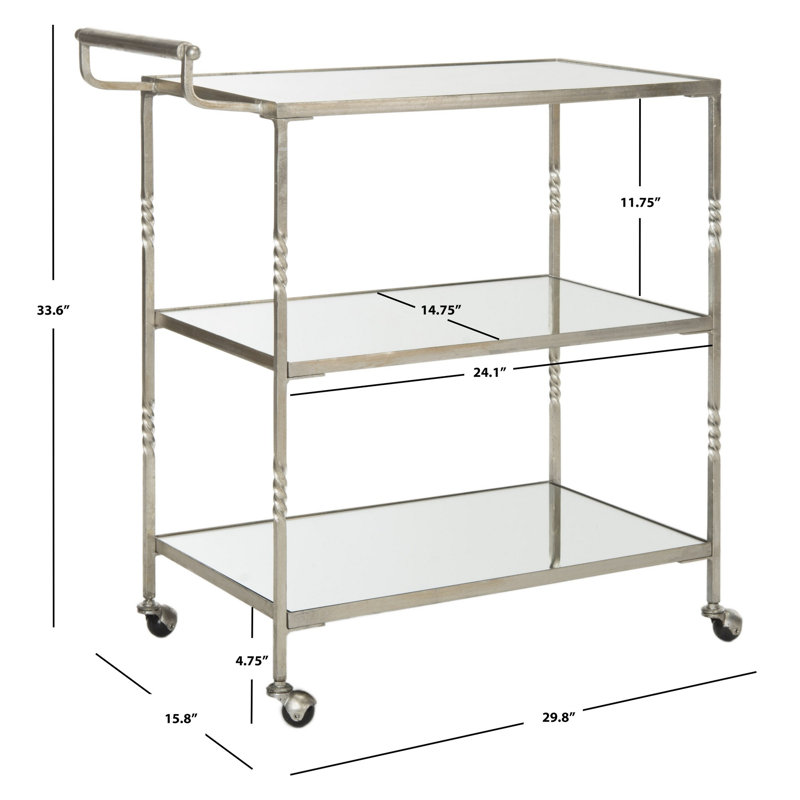 Élégant chariot-bar avec 3 tablettes en miroir, cadre en fer à roulettes H 33,6 po pour la maison, le bar et la cuisine