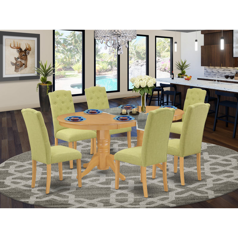 7 Piece Dining Room Table Set Consist of an Oval Kitchen Table with Butterfly Leaf and 6 Limelight Linen Fabric Parson Dining Chairs, Oak