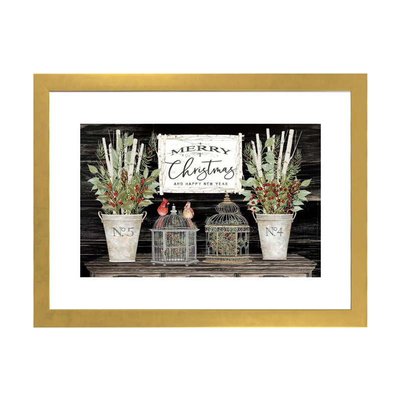 Floral Merry Christmas par Cindy Jacobs-impression d’art graphique, H 16 po x l 24 po x P 1 po, Papier encadré doré, Blanc