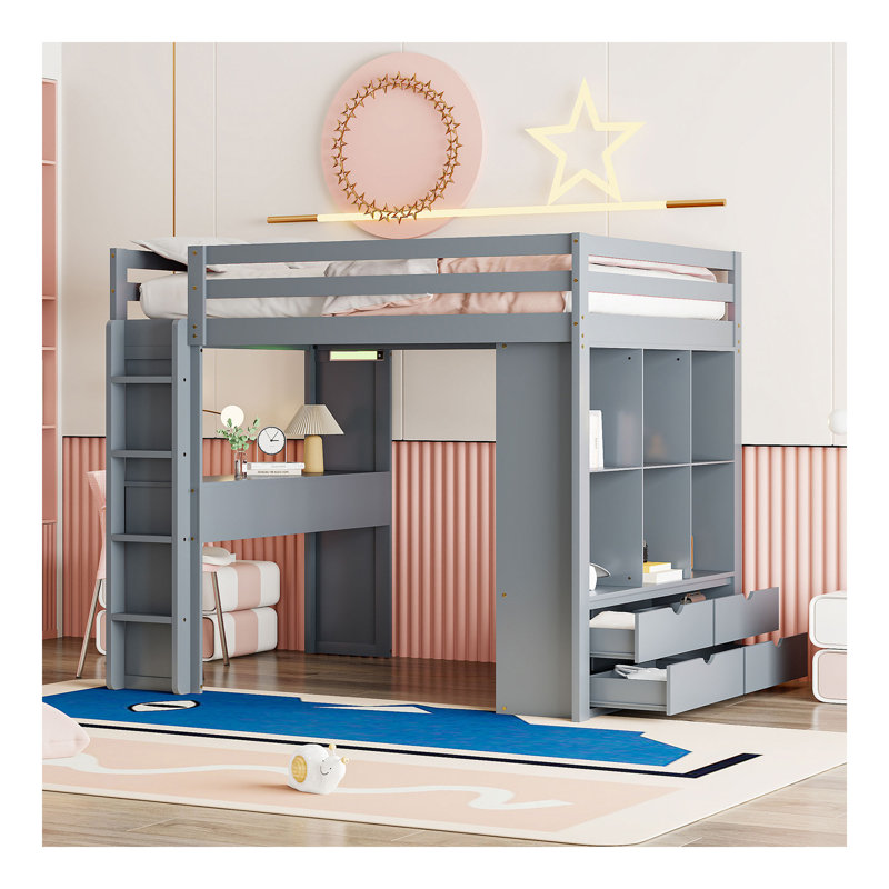 Lit mezzanine double avec grandes tablettes, bureau et lumière DEL, gris, Lit double, Gris