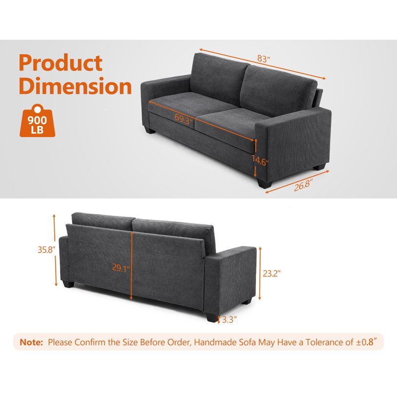 83 Inch Sofa, Comfy Couch, Modern Sofa, 3 Seater Sofa With Deep Seat, Lounge Cozy Sofa, Gray