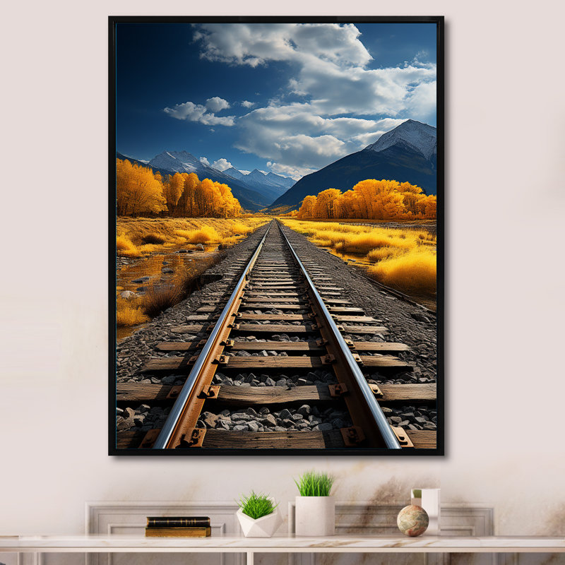 " Rail Track Through Yellow Prairies ", 32" H x 24" W x 1" D, Black Floater Framed