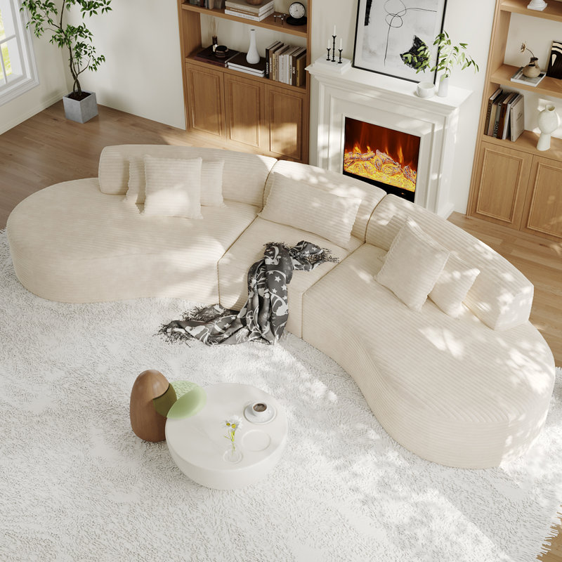 Canapé modulaire courbé 3 pièces de l 122 po avec sièges profonds et canapé en velours côtelé, Velours côtelé beige