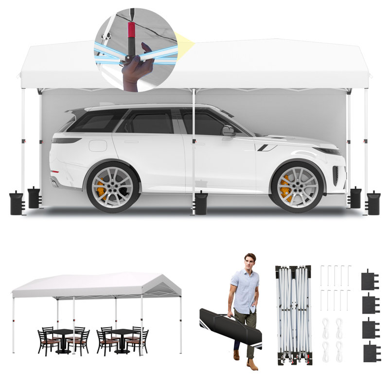 10'x20' Instant Pop-Up Carport Canopy with 1-Button Setup, Waterproof UPF50+ Silver-Coated Fabric & 3-Height Adjustments - Portable Garage Tent with Removable Sidewalls for Events/Commercial Use