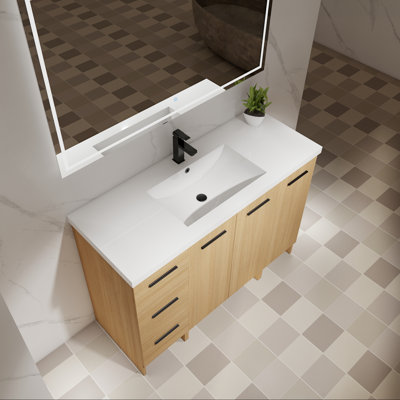 Meuble-lavabo autoportant de 48 po, lavabo en résine, trois armoires modulaires