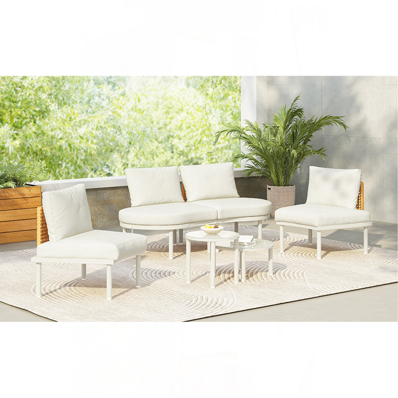 6-Piece Patio Sofa Furniture Set, Half Moon Outdoor Sectional Sofa With 2 High-Low Coffee Tables, Pe Wicker Rattan, Tempered Glass, 4 Pillows & Cushions, For Backyard, Garden, Poolside,Beige