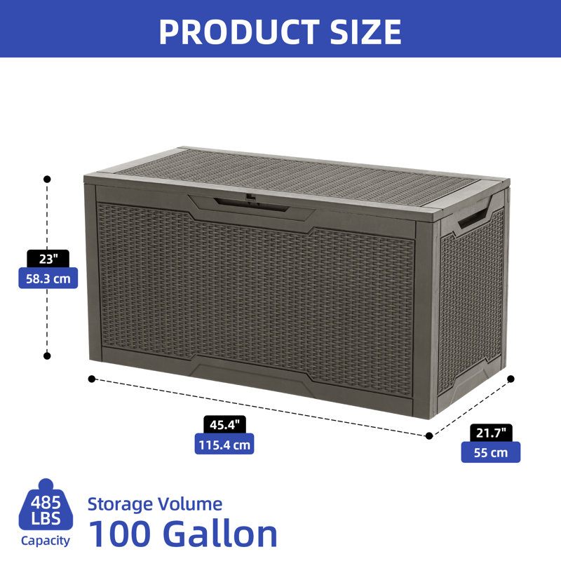 100 Gallon Outdoor Storage Deck Box Large Resin Patio Bench Lockable Container, Light Brown