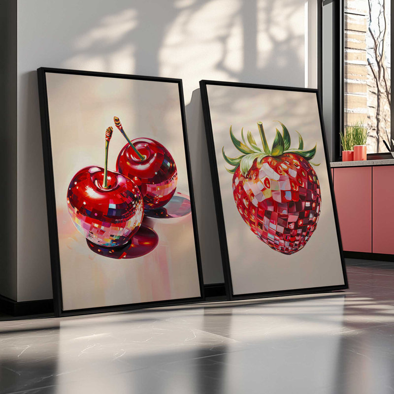 Ensemble de 2 cerises disco et fraises, H 13 po x l 18 po, Cadre flottant or poli