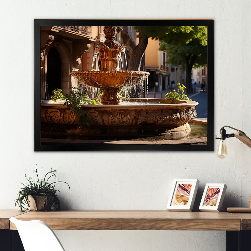 Fontaine sur la côte d'azur sur toile, H 16 po x l 32 po x P 1 po, Cadre simple noir