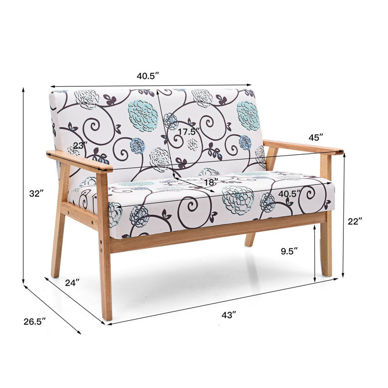 Mervela 43" Linen Square Arm Loveseat, Blue/White Linen Blend