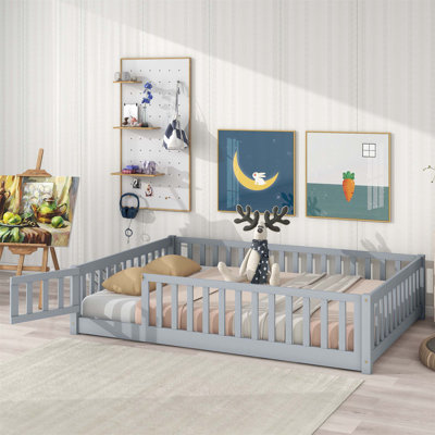 Rubber Wood Floor Bed With Safety Guardrails And Eco-Friendly Finish, Ideal For Compact Rooms And Child Safety