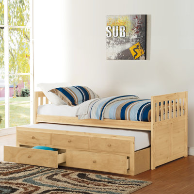 Lit gigogne simple avec finition en pin naturel et tiroirs de rangement, lit capitaine de chambre à coucher transitionnel moderne, sans base dans la finition, 2 300 lb par arrangement de meubles