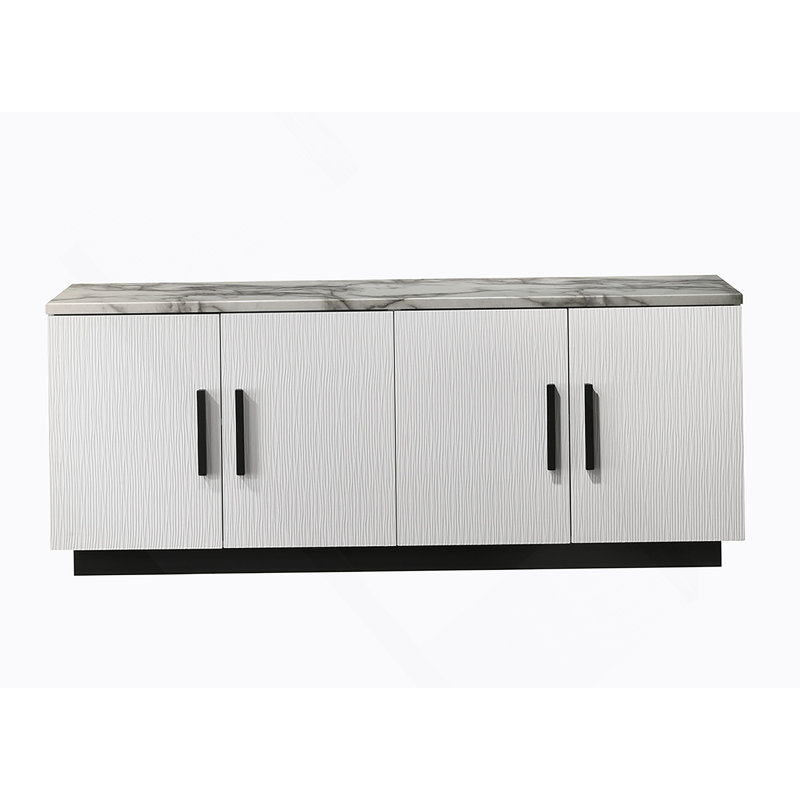 Grande console blanche de 63 pouces de large avec plateau en faux marbre Reine pour un intérieur moderne et élégant