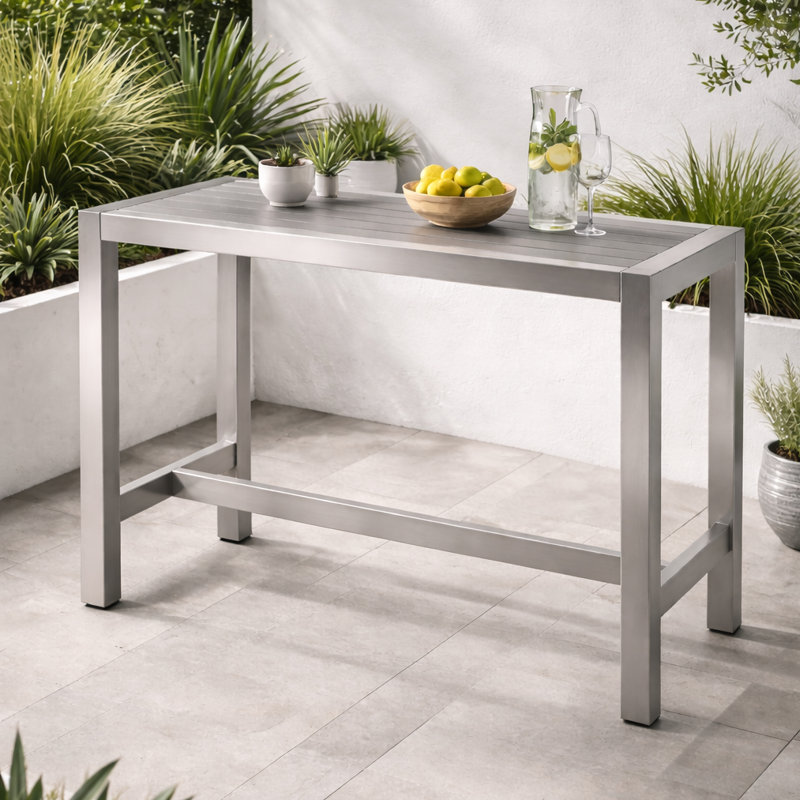 Betty Ackland Aluminum Outdoor Bar-Height Dining Table – Modern Patio Pub Table with Rust-Free Frame & All-Weather Poly Resin Top in Gray