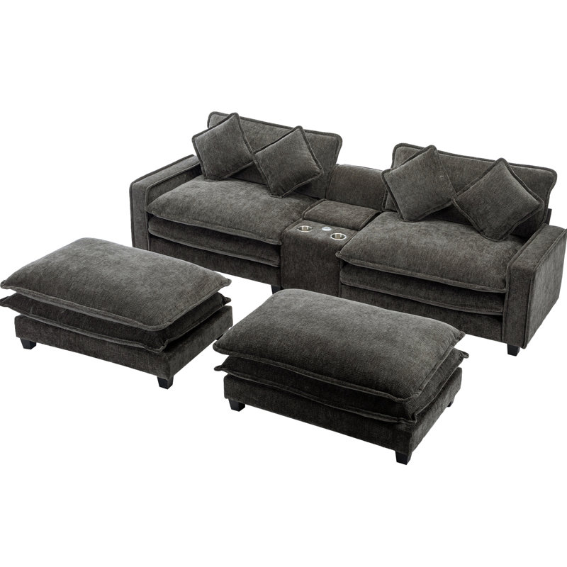 Gris avec dimensions de 111 po, deux coussins doubles amovibles, porte-gobelets, abris et hublots cachés, grande boîte pour porte-gobelets