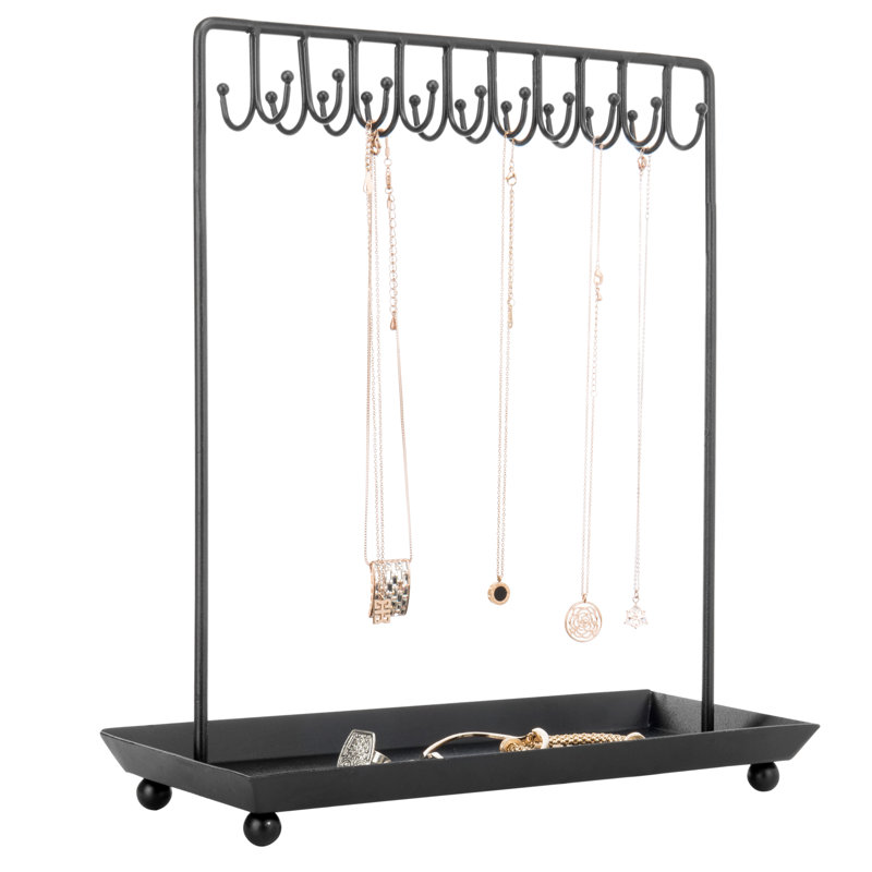 Black Metal 14-Inch Jewelry Organizer Stand with Hooks and Tray