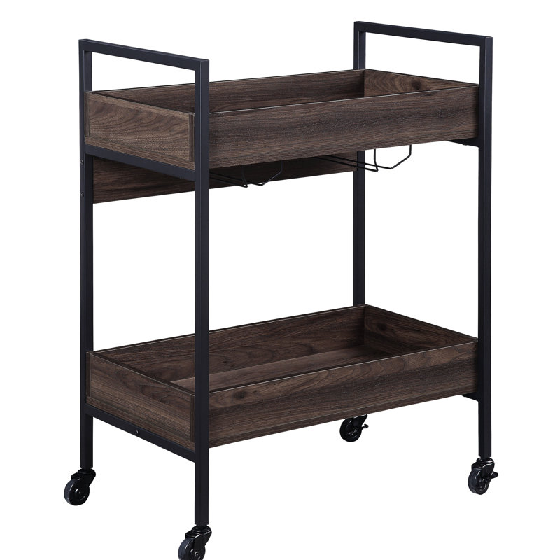 2 Tier Shelf Rectangular Serving Cart In Walnut And Black Finish With Shelves & Theme Form Cup Holder Metal Frame