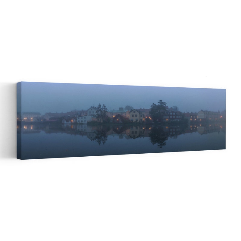 «Misty Blue Hour Town Dreamy Peaceful Serene City Landscape», art mural, H 16 po x l 48 po