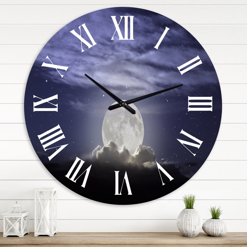 Pleine lune se levant dans une nuit nuageuse - horloge murale nautique et côtière, Grand