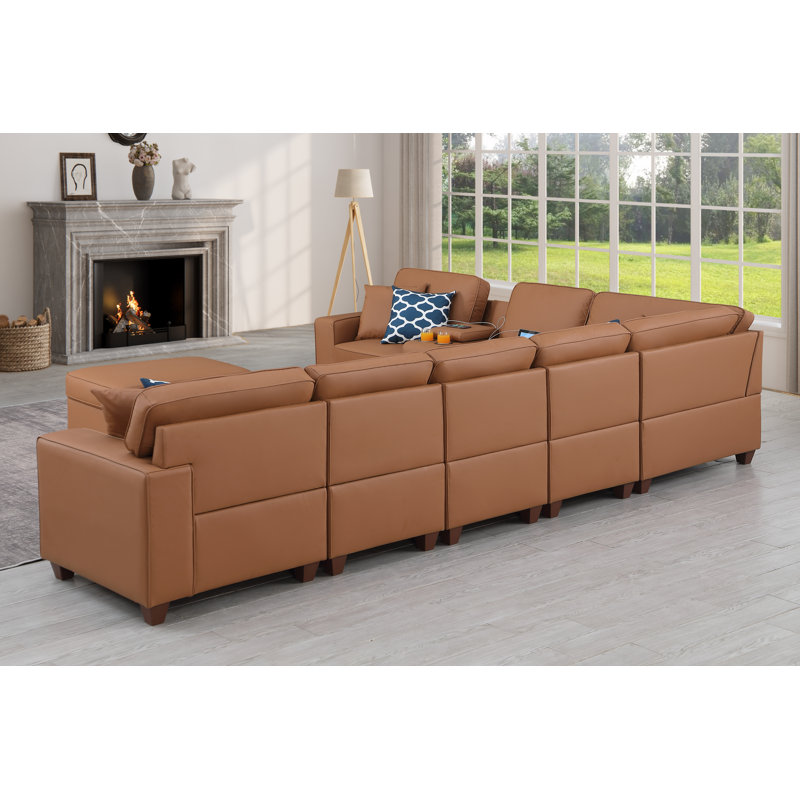 Canapé modulaire à accoudoirs carrés 151,25 po, Similicuir brun Becky