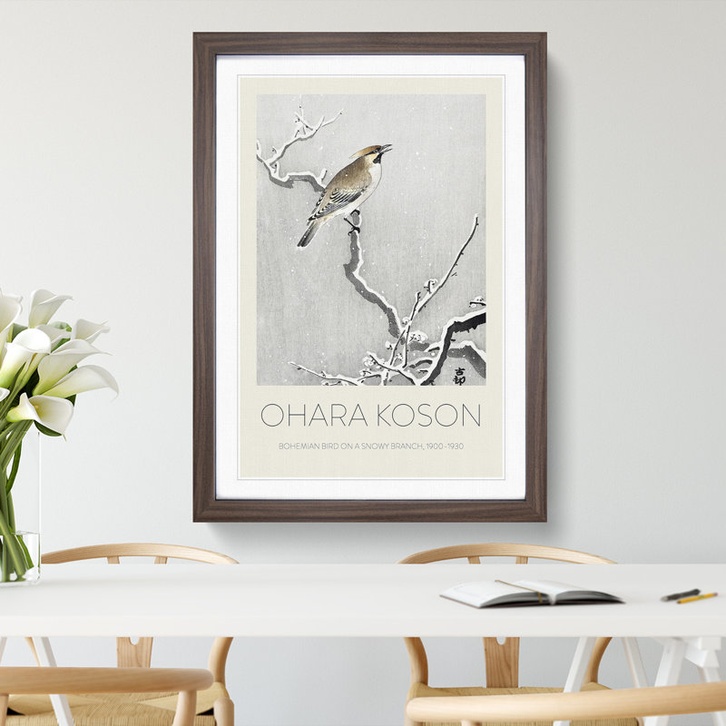 Bohemian Bird on a Snowy Branch by Ohara Koson - Picture Frame Art Prints, 65cm H x 48cm W x 2cm D, Walnut