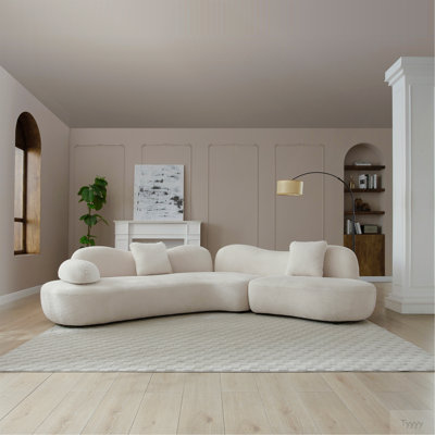 Modern Curved Modular Sofa, Boucle 5-Seater Sofa For Living Room, Bedroom, White Color, Crescent Shape And Butterfly Backrest Make The Whole Space Full Of Curves, 2 Pillows