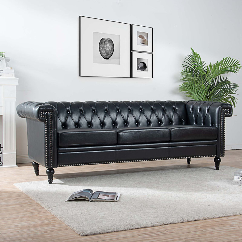 Canapé Chesterfield à accoudoirs roulés 83,5 po Avrian, Similicuir noir