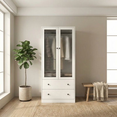 20" D Armoire Wardrobe Closet With Fluted Glass And Drawers, 71" H Clothing Storage Cabinet With Hanging Rod And Soft-Close Doors by Ebern Designs