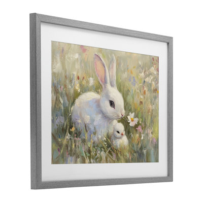 Lapin blanc, Pâques et fleurs, reproduction encadrée sous verre, design par Petal Prints Design