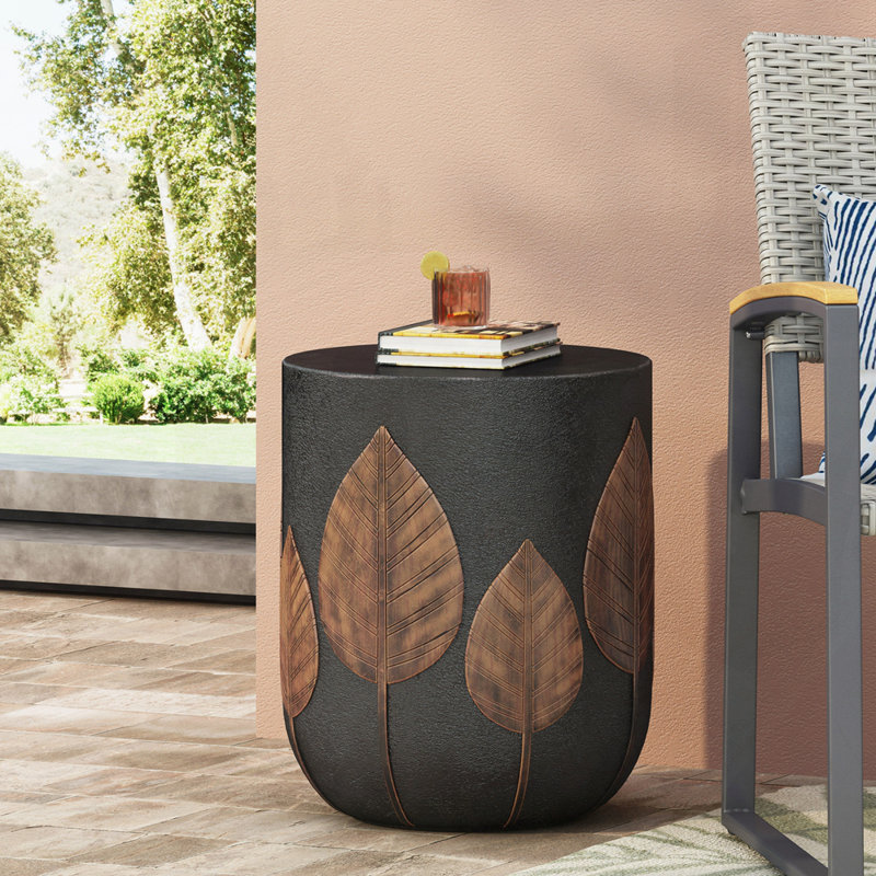 Boho Style Lightweight Concrete Side Table with Two-Toned Finish and Leaf Pattern, Perfect for Outdoor and Indoor Use