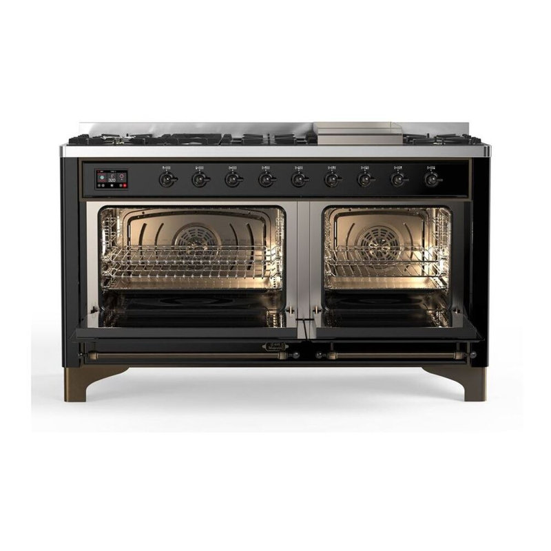 ILVE Majestic II Series 60 inch Dual Fuel Range with 9 Burners, Griddle (Glass Door), Glossy Black/Burnished, Natural Gas