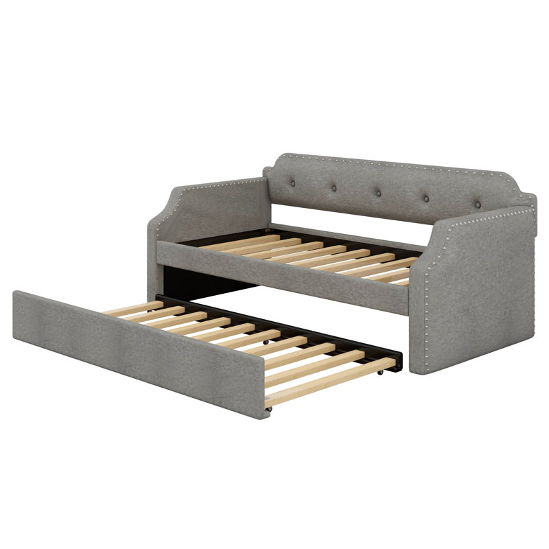 Twin Size Linen Upholstered Daybed With Trundle, Wooden Frame Armrests Bed W/Wood Slat Support, Arched Back & Nailhead Trim