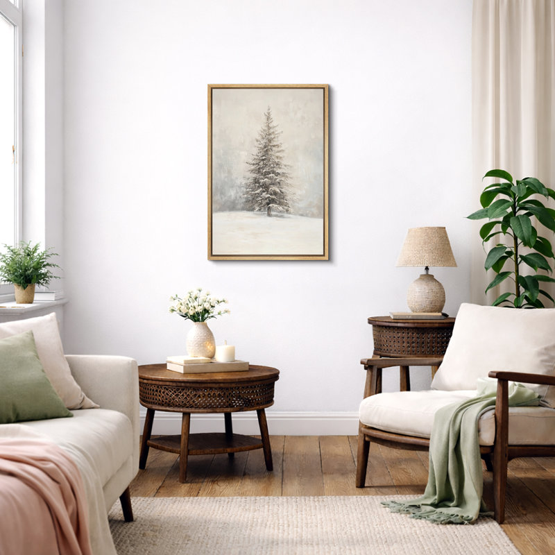 Œuvre de sapin enneigé enneigé, photos murales neutres de vacances rustiques modernes, impression sur toile encadrée