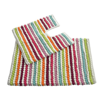 Two Piece Striped Bobble Bath Mat and Pedestal Mat Set