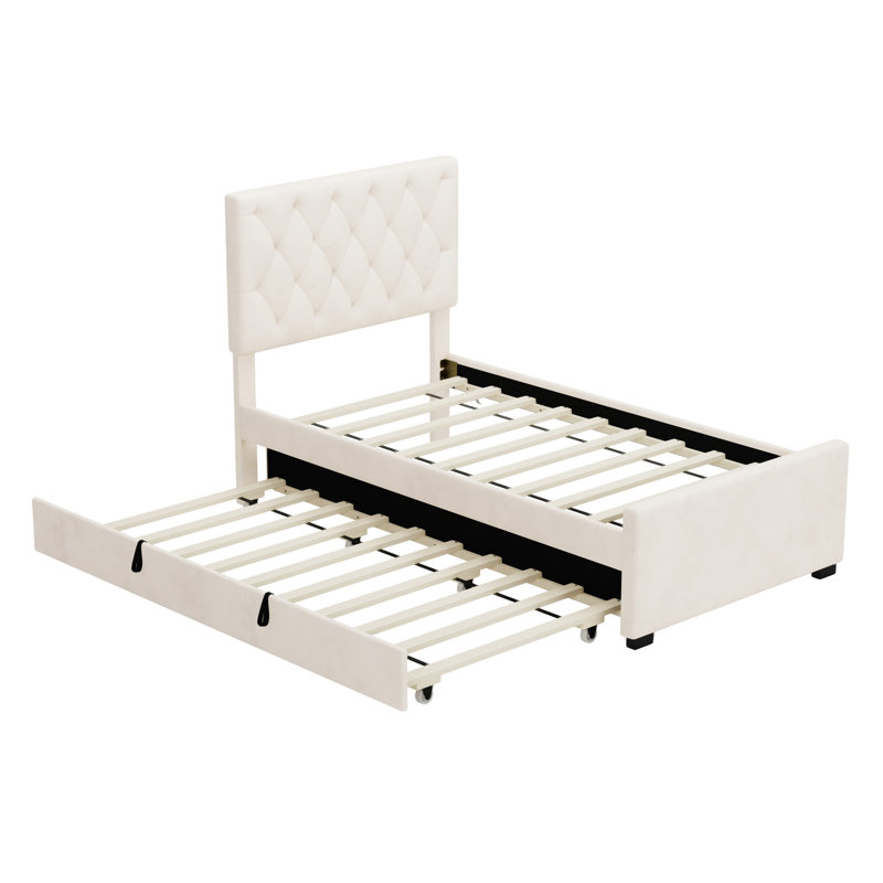 Lit plateforme tapissier en velours avec lit gigogne et tête de lit capitonnée réglable, Beige