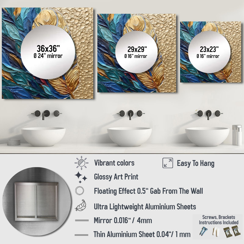 Boho Glam exquis or sur plume bleue, peinture - miroir carré de plumes pour décoration murale, 36 po x 36 po