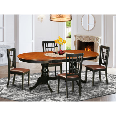 5 Piece Kitchen Table Set for 4 Includes an Oval Dining Room Table with Butterfly Leaf and 4 Faux Leather Chairs, Black & Cherry