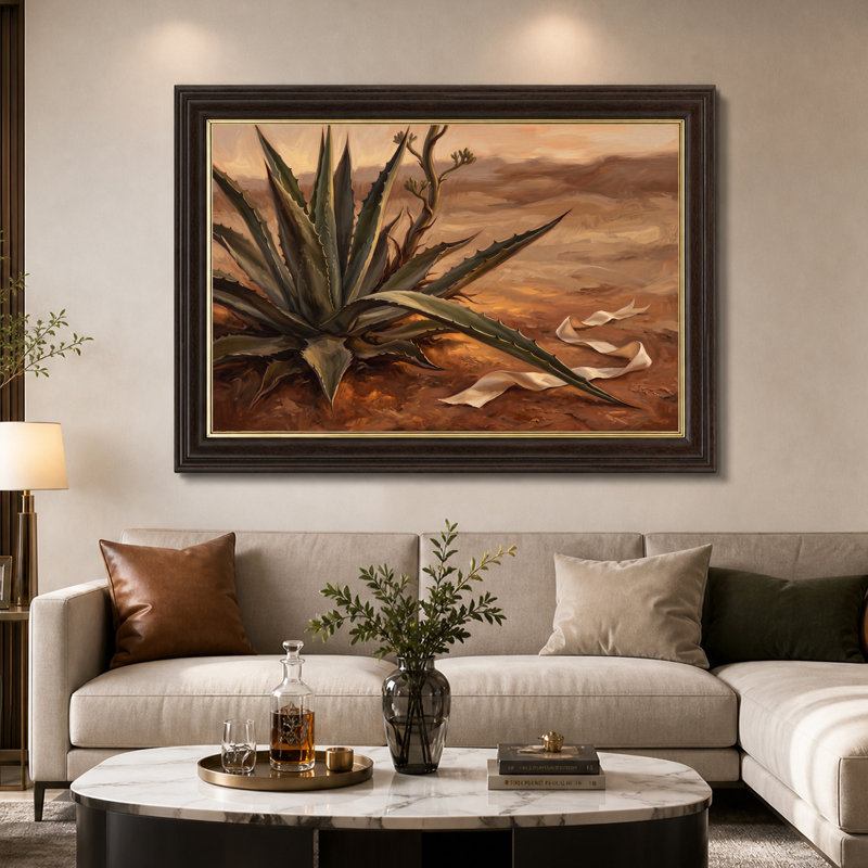 «Green Agave Succulent in Brown Desert Landscape», peinture sur toile, 16"H x 24"W