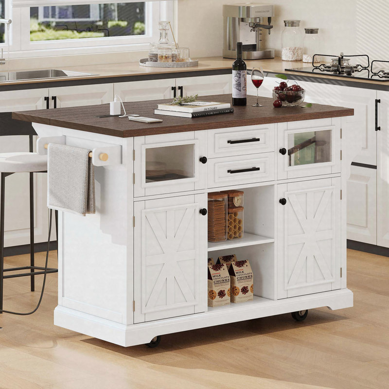 54.9" Kitchen Island with Drop Leaf, Power Outlet, Kitchen Storage Cart with 4 Door Shelves, Cross Barn Doors & Visual Glass Door, Rolling Kitchen Island on 4 Wheels for Kitchen, Dining Room,White