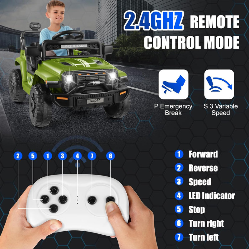 Camion VUS électrique pour enfant Alex Alex avec télécommande, éclairage, musique, ceinture de sécurité, suspension à ressort, vert