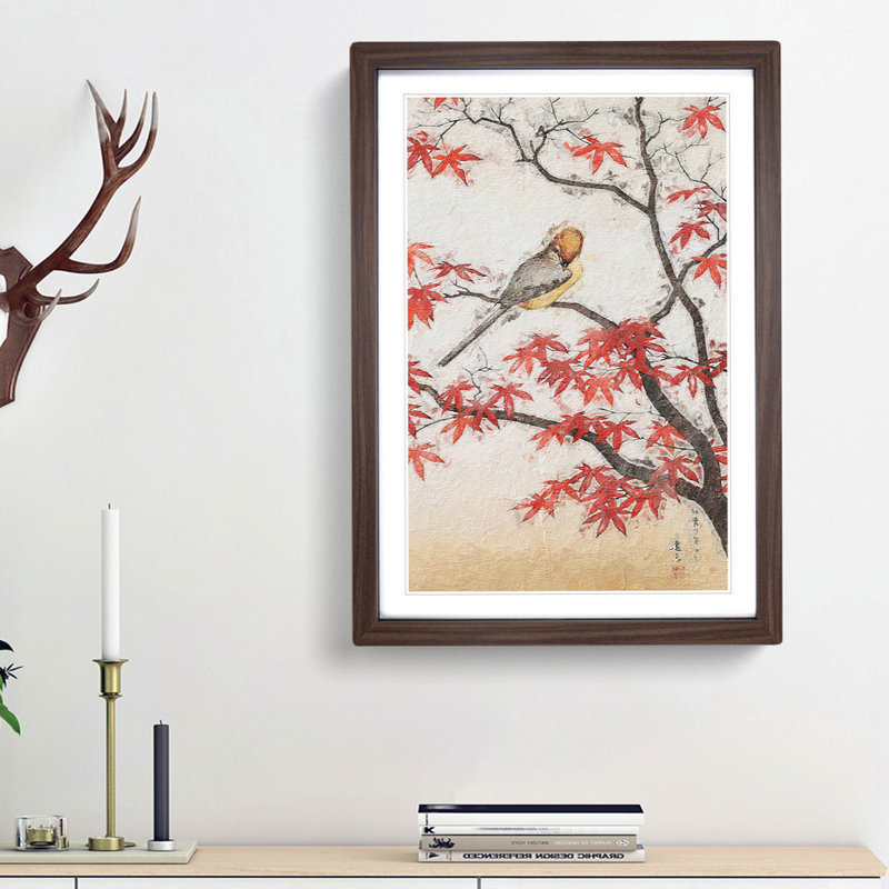 Bird In Autumn by Toshi Yoshida - Single Picture Frame Painting, Walnut Framed, 45cm H x 33cm W x 2cm D
