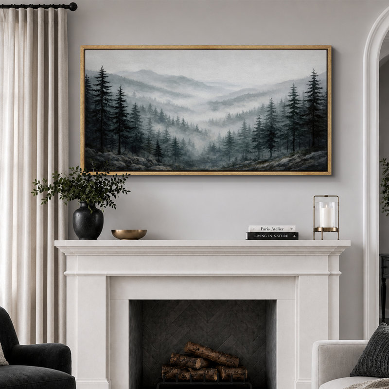 Misty Pine Mountain Landscape, 24" H x 48" W x 1.5" D, Black Frame