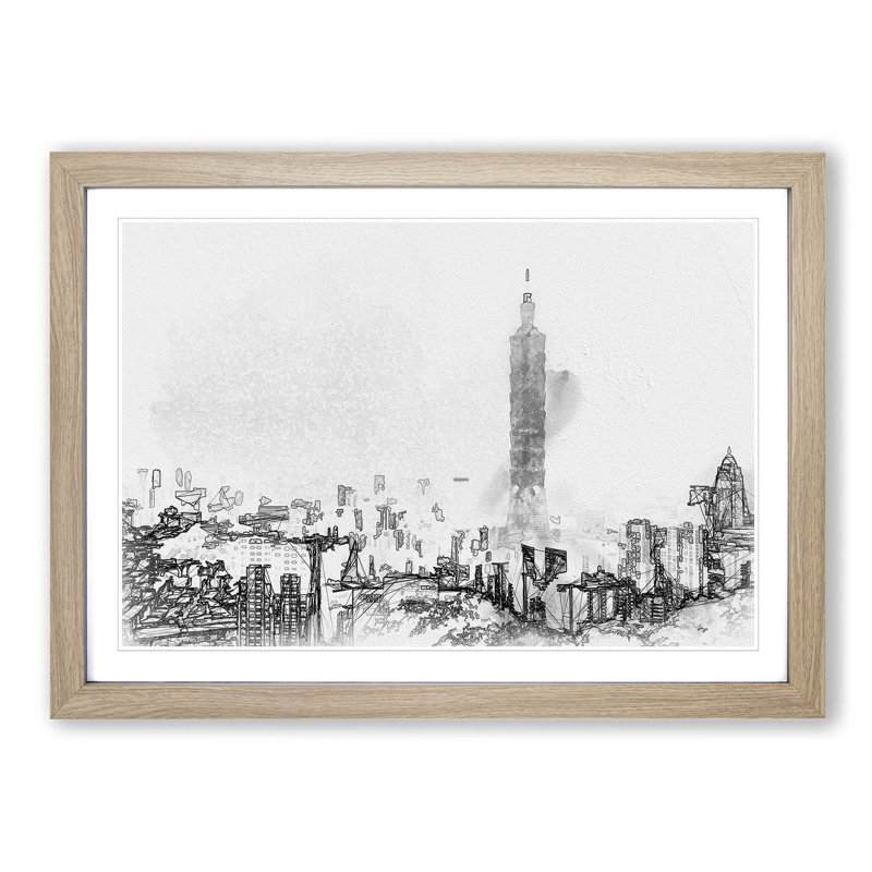 Taipei City Skyline in Taiwan in Abstract - Picture Frame Graphic Art Print, Oak Framed, 48cm H x 65cm W x 2cm D