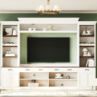 4 Tv Stand With Wine Rack, Walnut Tabletop, White Entertainment Center For Up To 70" Tvs Bookshelf And Adjustable Shelves Rack