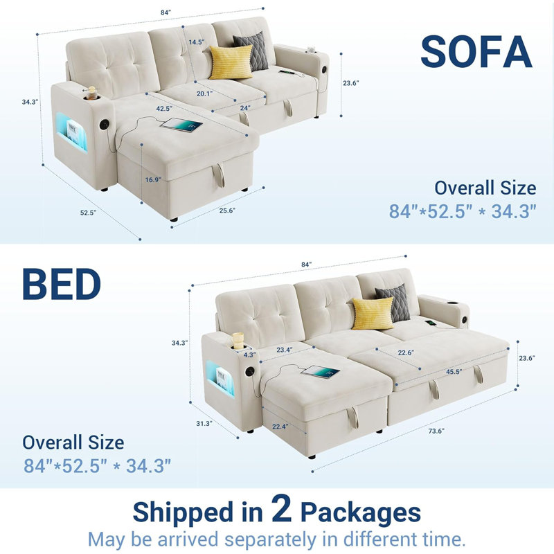 Canapé-lit modulaire avec rangement en L 84 po, DEL et chargement, beige