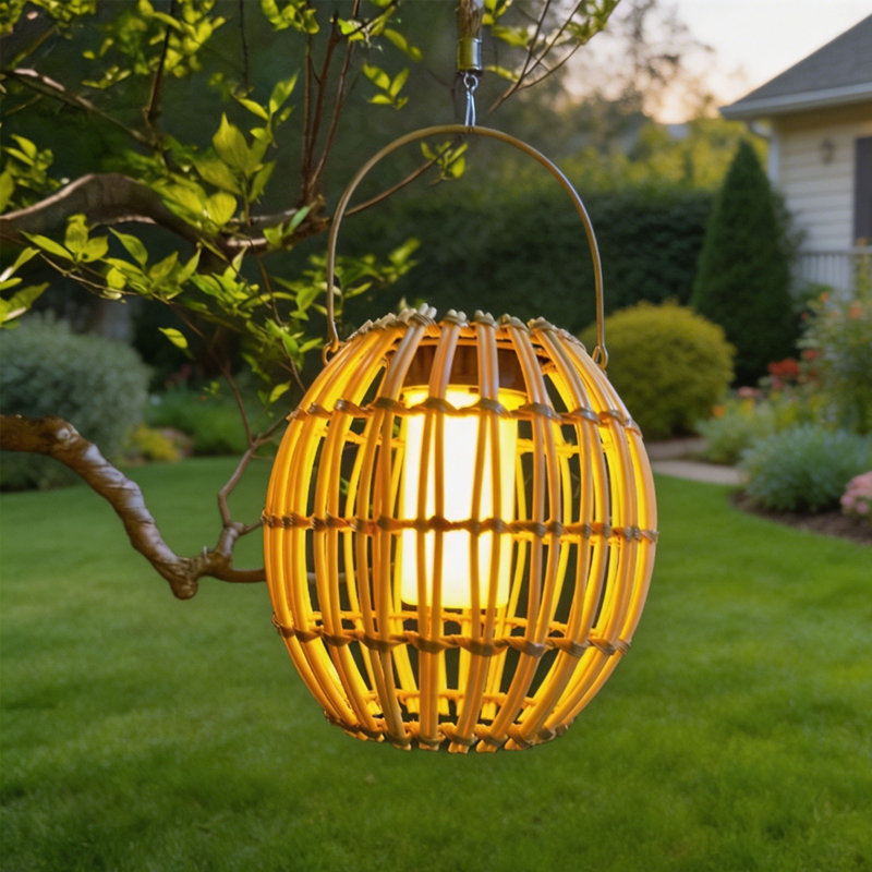 Veilleuse ronde ronde en plastique rotin lampe solaire d'extérieur avec lumière DEL chaude pour patio et décoration bohémienne