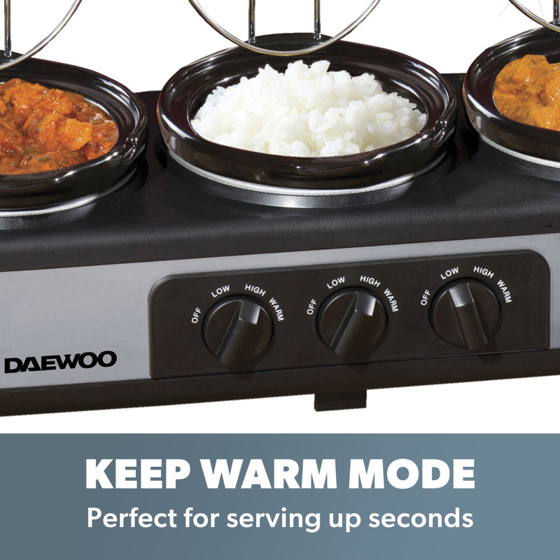 Daewoo 4.5L Triple Non-Stick Slow Cooker, 3 Individual Pots, 300W - Grey, Spoon Rests, Energy Saving