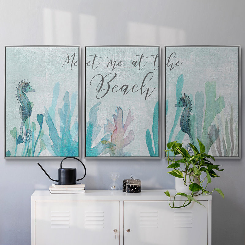 Hippocampes et corail, reproduction sur toile 3 pièces, H 24 po x l 48 po x P 2 po, Argent