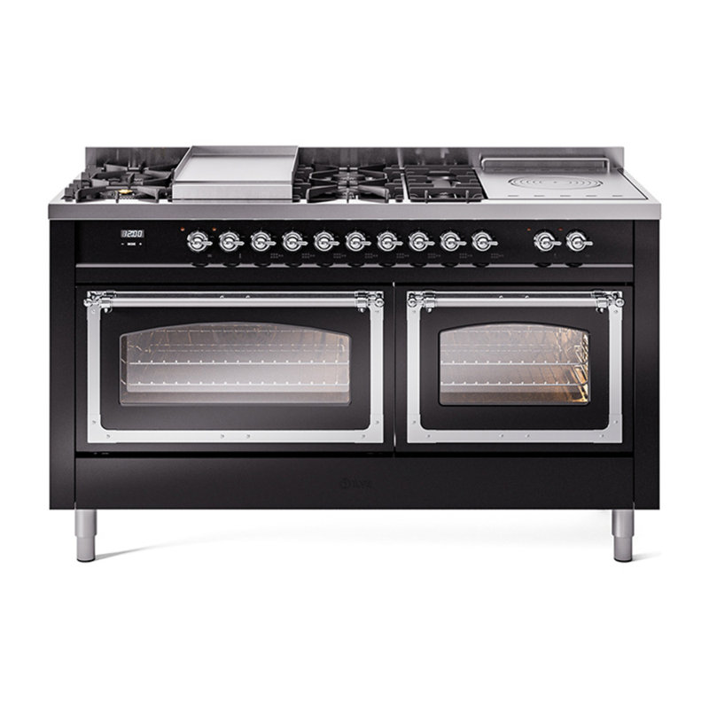 ILVE Nostalgie II Noblesse 60 in Dual Fuel Range 7 Burner, Griddle, Frenchtop, Liquid Propane, Glossy Black/Chrome
